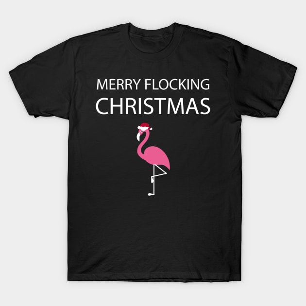 Merry Flocking Christmas Pink Flamingo Santa Hat T-Shirt by JustPick